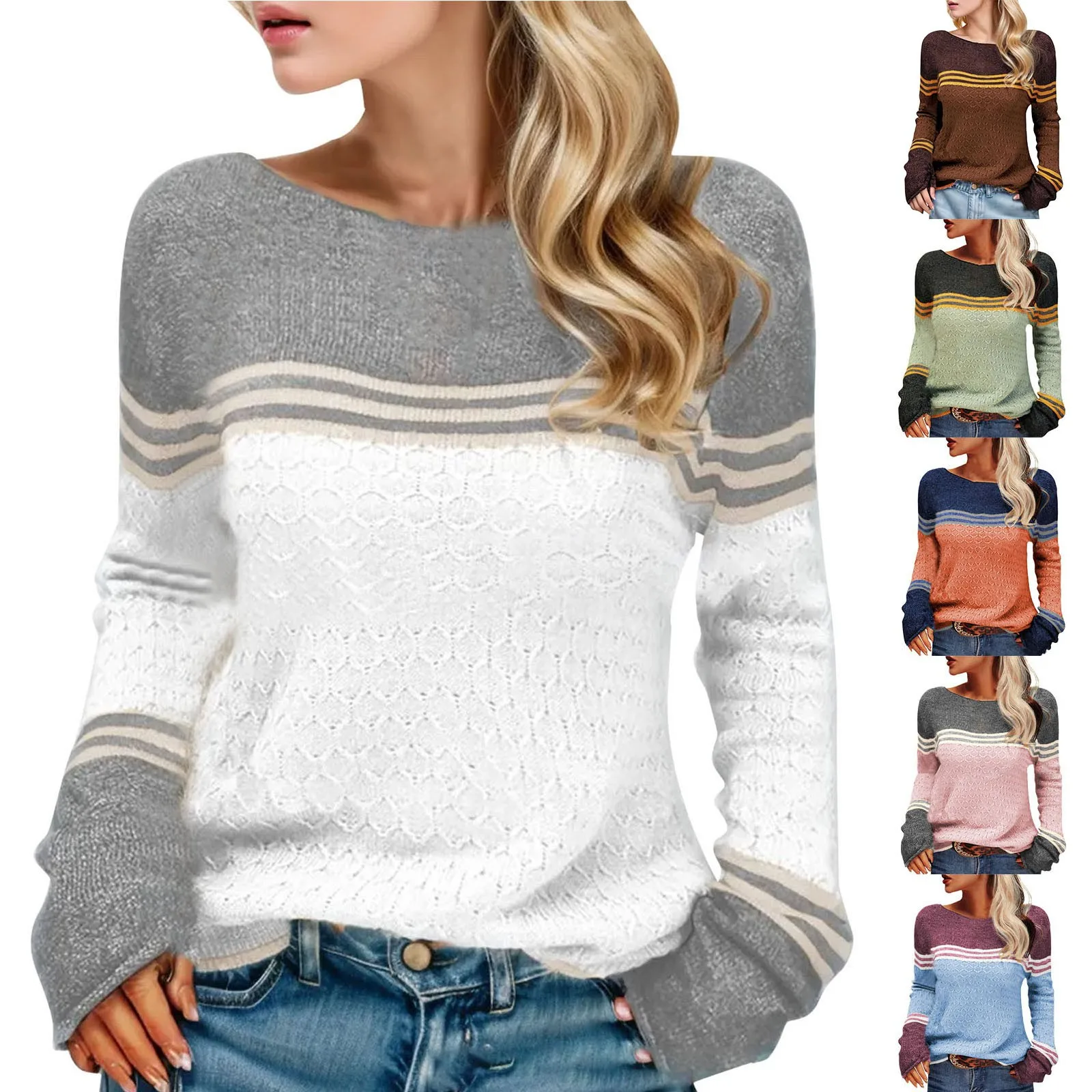 Dames Trui Gestreepte Kleur-Bijpassende Gehaakte Gebreide Trui Met Ronde Hals En Lange Mouwen Casual Tops Winter Warme Basis Shirt