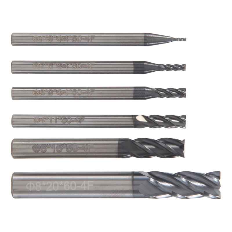 6Pcs 4 Flutes End Mills Set for Steels Square CNC Carbide Milling Cutter Spiral Router Bits Dia(1 2 3 4 6 8mm)-A14I