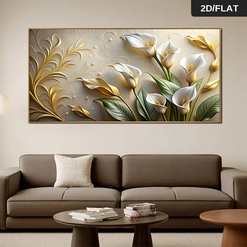 2D Flat 1pc 31.49*62.99in/80cm*160cm Modern Abstract Frameless White Calla Lilies with Golden Print Art Wall Art Canvas Painting