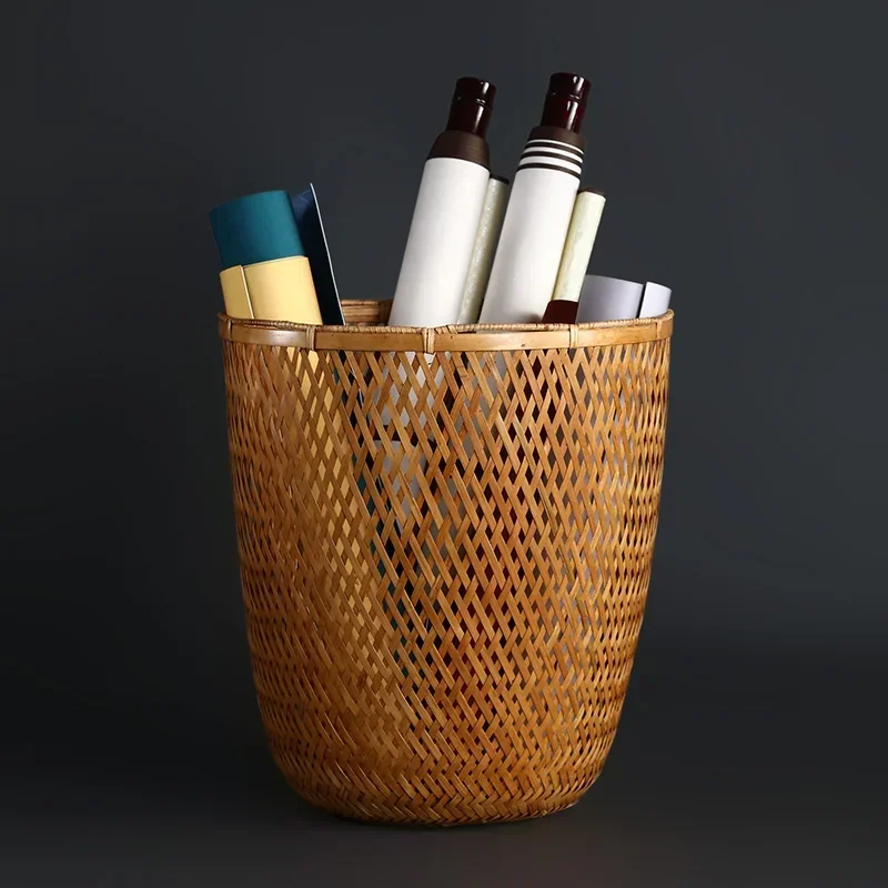 

BP47 Bamboo Storage Basket, Round Organizer for Calligraphy Works, Scroll Paper Cylinder, Desktop Waste Bin for Office and Study