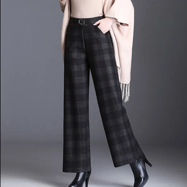 

Women 2023 Autumn Winter Fashion Woolen Wide-leg Pants Female Loose Thicken Warm Pants Ladies High Waist Plaid Trousers O600