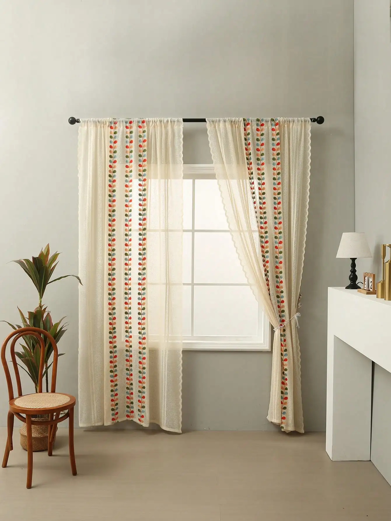 Khaki four-color embroidered leaf curtains, rustic style living room curtains, one piece set