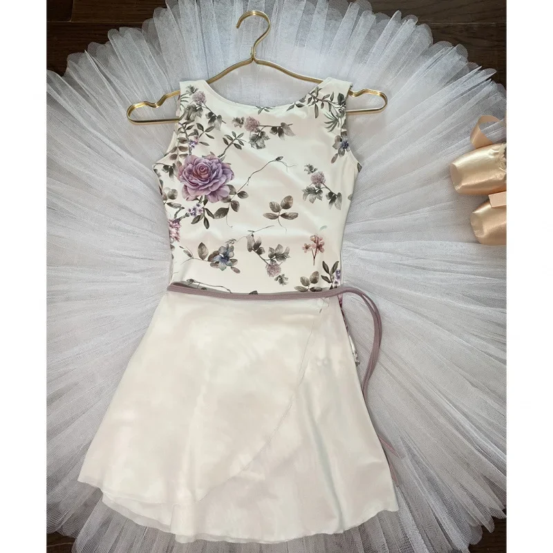 Женский балетный танцевальный трико с цветочным принтом, новинка 2025, без рукавов, гимнастический танцевальный костюм для взрослых, балетный трико высокого качества