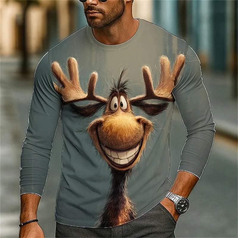 Fun 3D Reindeer Print Men's T-Shirt Hip-Hop Street Style Harajuku Aesthetic Autumn Oversized Fit Fashion Long-Sleeve T-Shirt