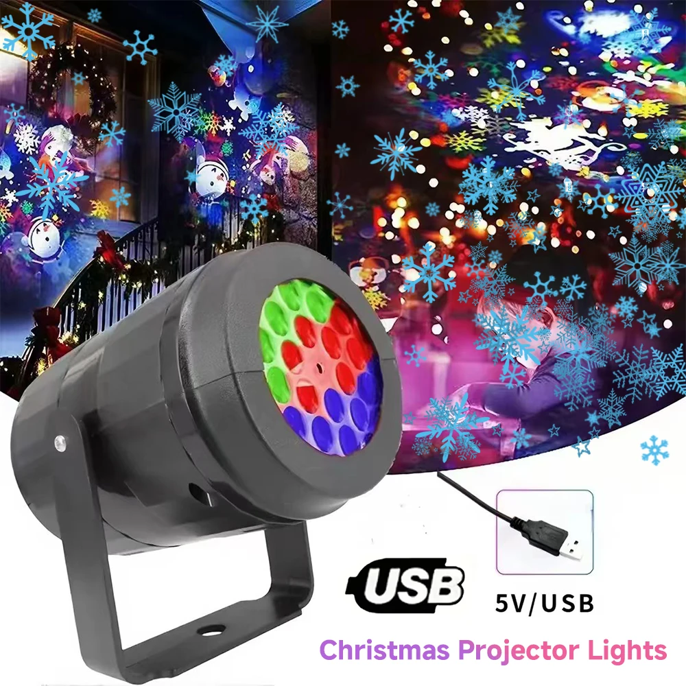 16 Pattern Christmas Projector USB LED Lighting Santa Claus Snowflake Projection Light for NewYear Party Indoor Decor Fairy Lamp