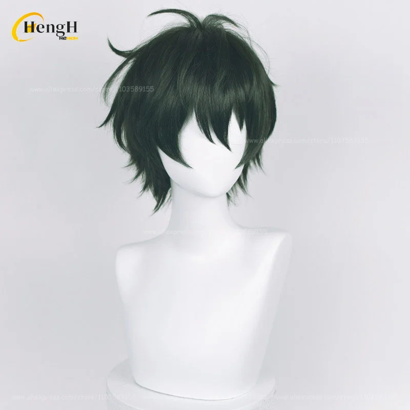 In Stock Synthetic Anime Kagehira Mika Cosplay Wig Unisex Short 30cm Dark Green Wig Heat Resistant Hair Halloween Wigs + Wig Cap