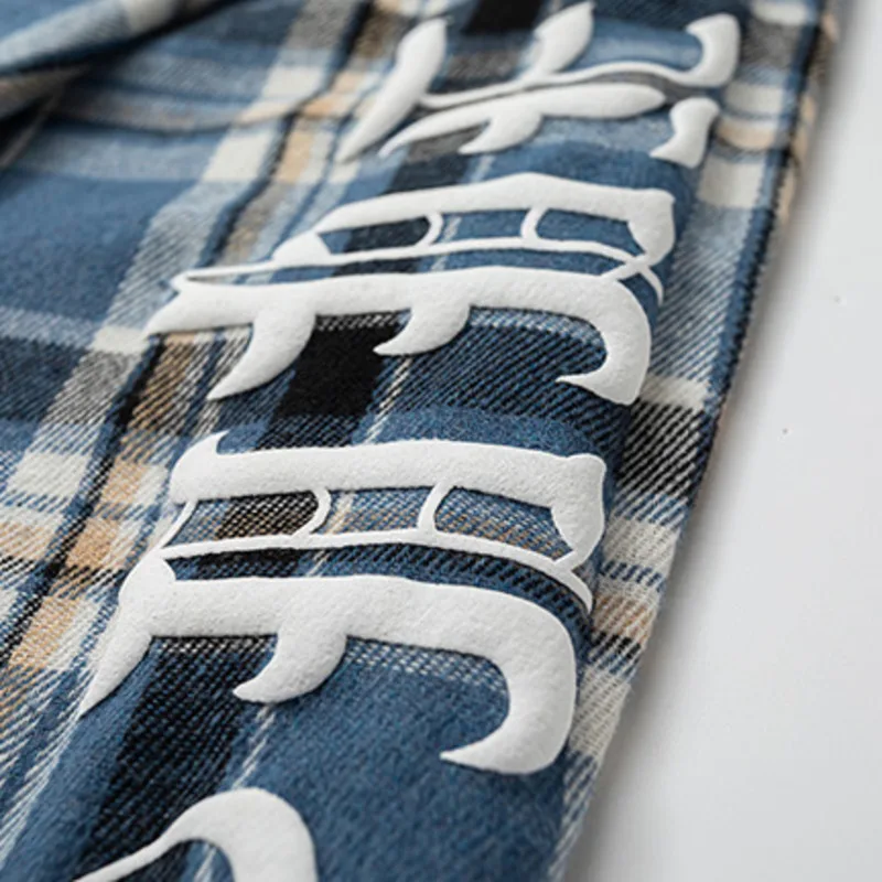 Autumn Men Contrasting Plaid Long Sleeved Shirt Streetwear Letter Embroidery Loose Shirts Tops Spring Harajuku Korean Clothes