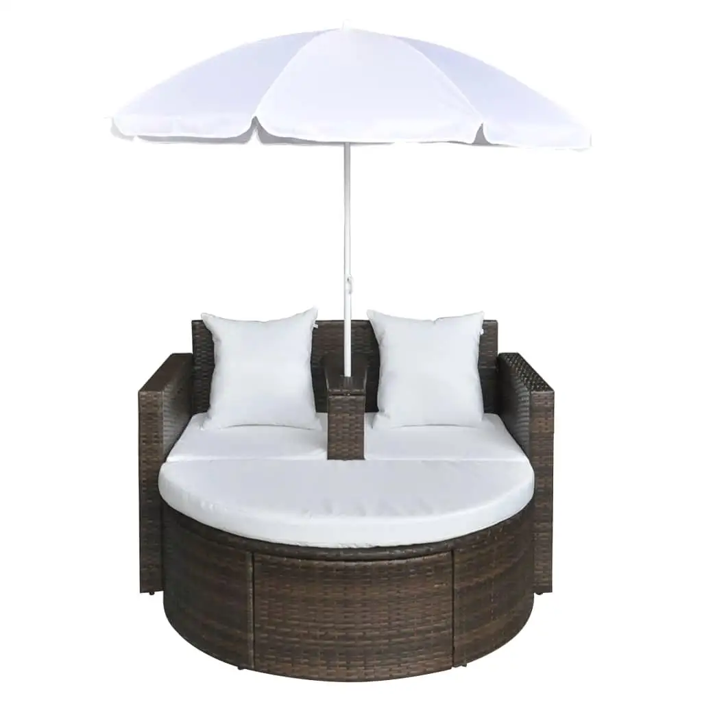 Brown Poly Rattan Patio Bed with Parasol - Outdoor Lounge Furniture for Relaxation