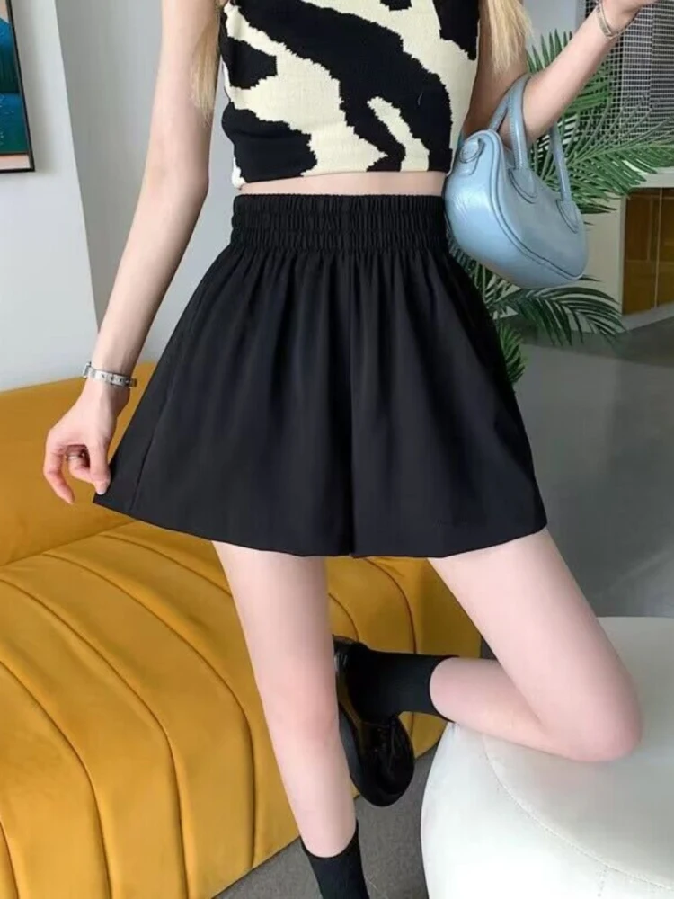 Black Ice Silk Shorts Women's High Waist Loose Casual Wide Leg Five-Quarter Length Trendy Three-Quarter Length Summer Pants