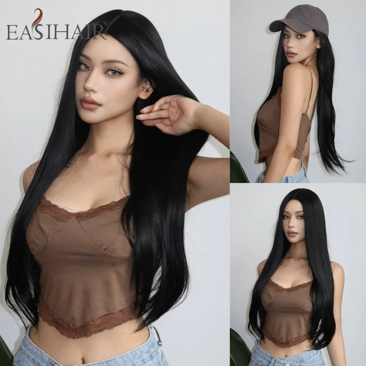 

Long Straight Black Synthetic Wig with Natural Shine Heat Resistant Fiber Soft Texture for Women Daily Wear Party Cosplay