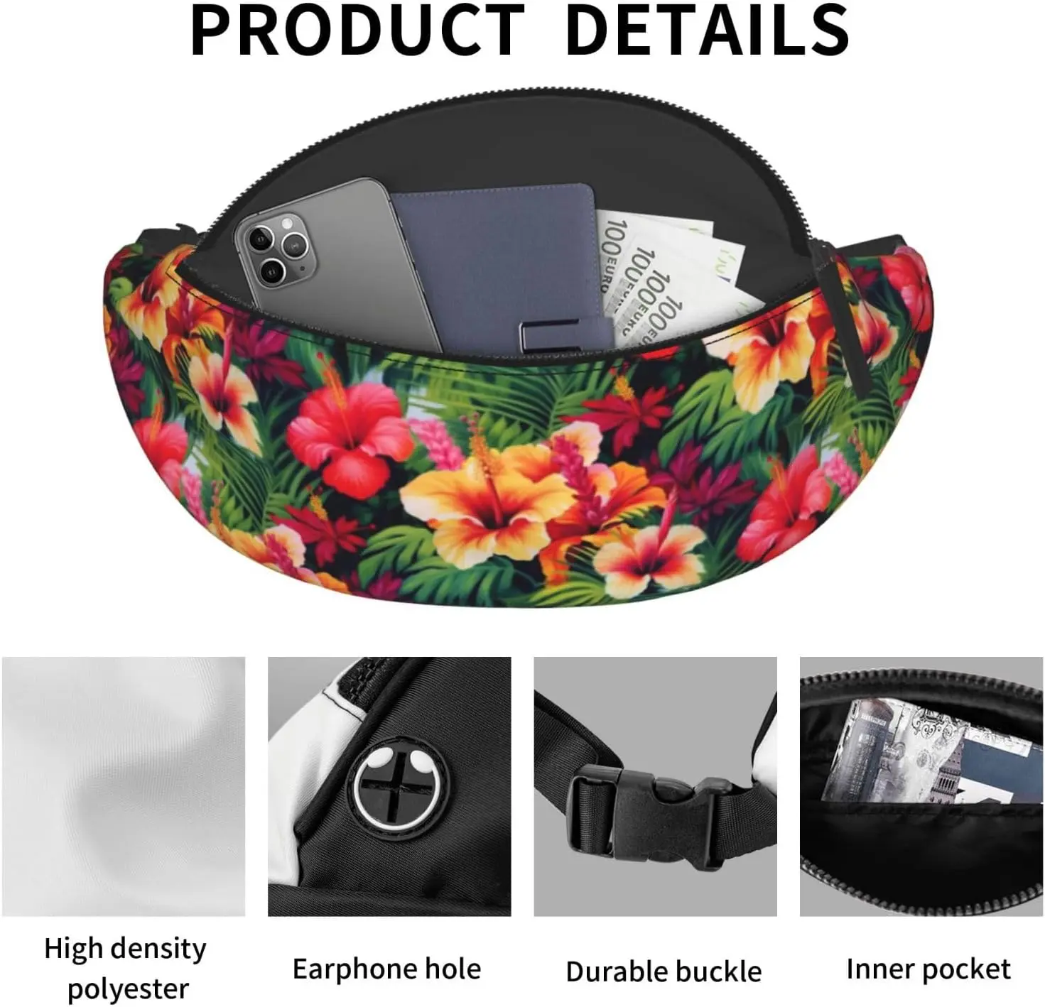 Floral Tropical Fanny Pack Waist Bag Adjustable Belt Bag for Men Women Traveling Hiking Cycling Running