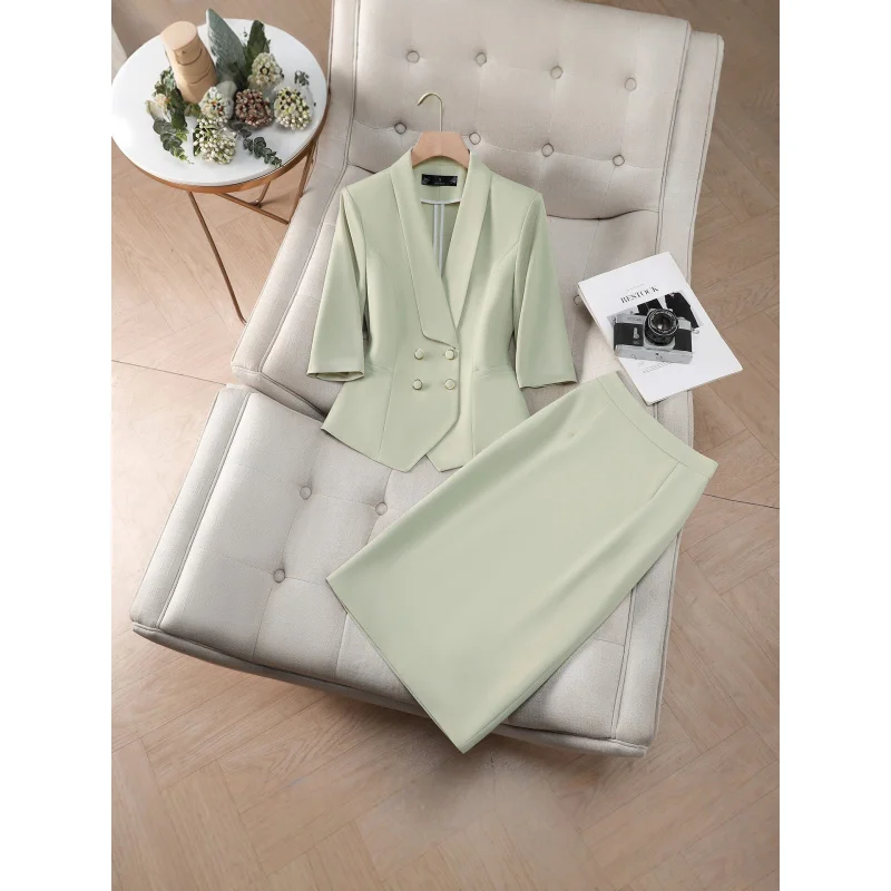 

Элегантный женский деловой костюм для миниатюрных женщин на весну и осень, новый стильный комплект из приталенного пиджака с рукавом три четверти и юбки.