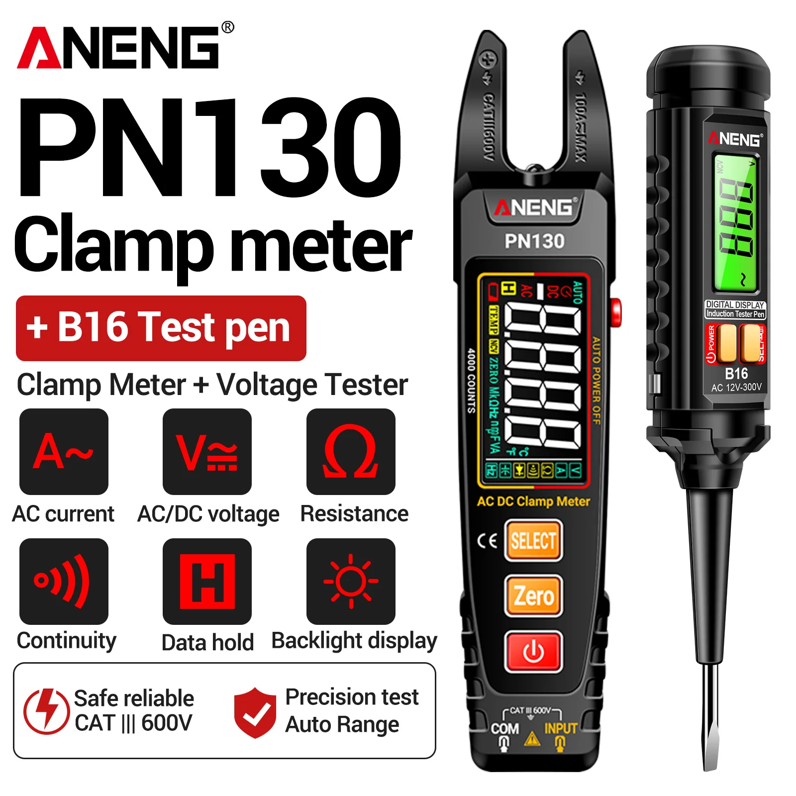 

ANENG PN130 digital clamp meter with B16 induction pen set 4000 counts clamp meter with zero and live wire recognition test pen