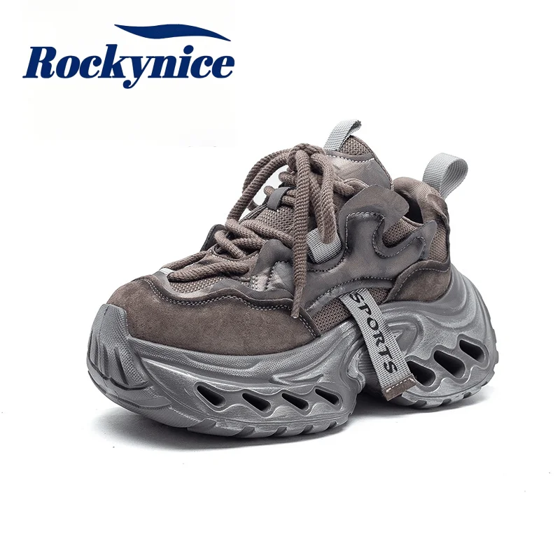 6CM Genuine Leather Chunky Sneakers for Women Fashion Autumn Walking Sport Shoes Breathable High Platform Casual Dad Shoes Woman
