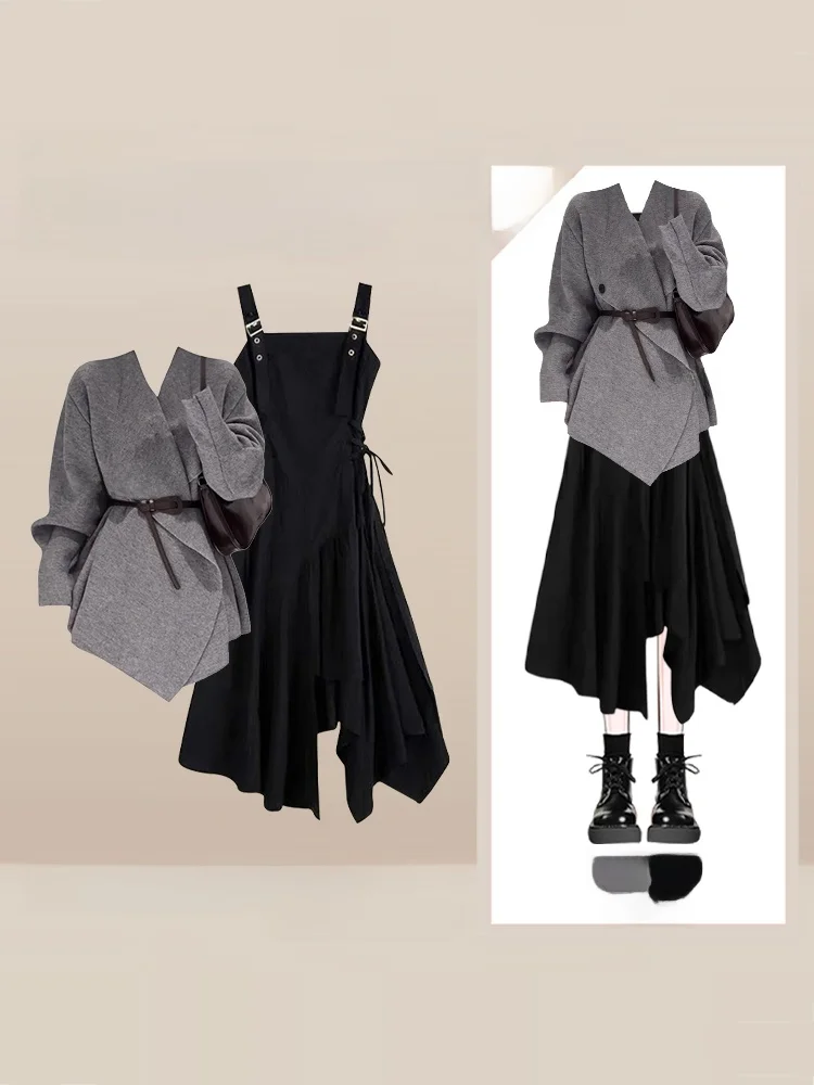 

Gray V-neck Coat And Dress Set Women's Autumn Winter Slim Fit Fashion Ensemble Long Sleeve Knitted Top Mid-length Skirt