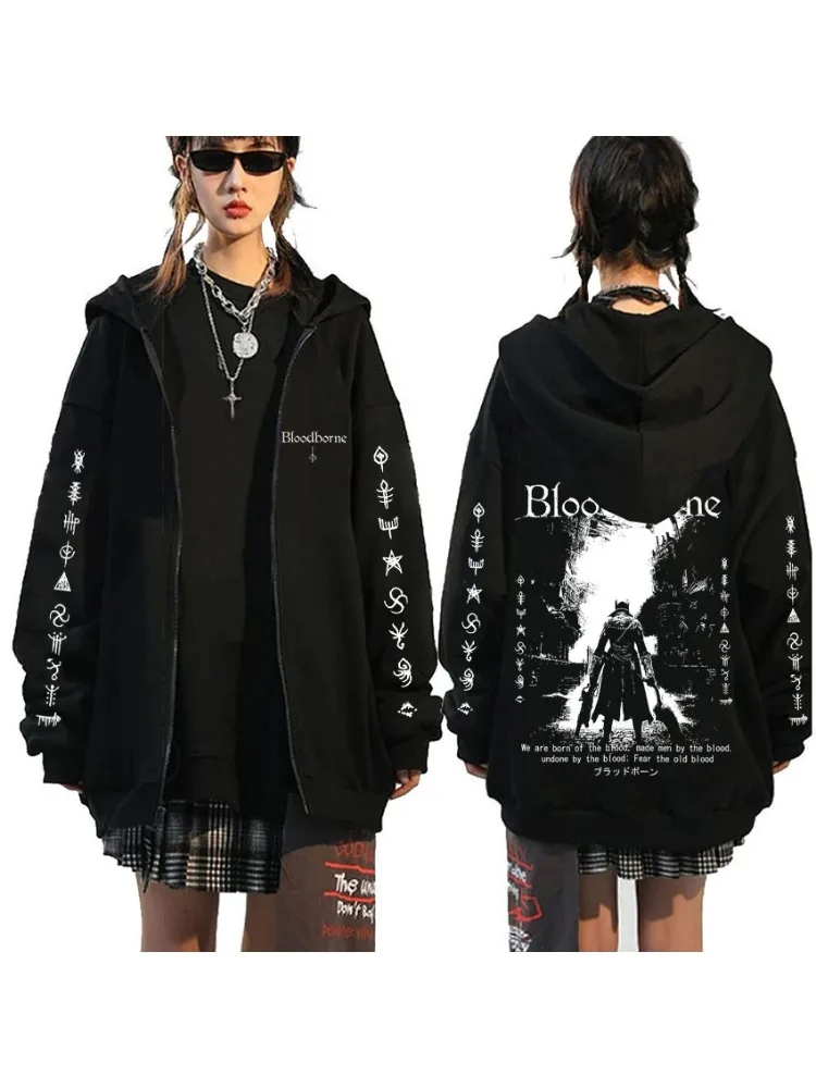 Game Bloodborne Fear The Old Blood Zipper Hoodie Horror Hunter Zip Up Jacke Herren Damen Casual Vintage Cosplay Zip Up Sweatshirt