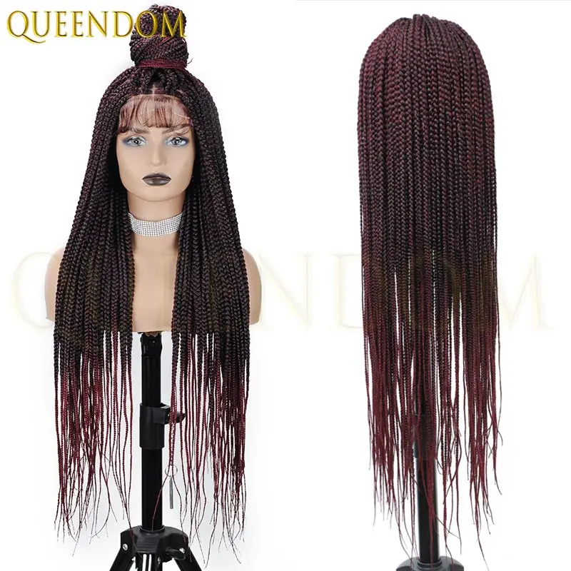 Cornrow Box Полный кружевной плетеный парик для чернокожих женщин Синтетический бордовый богиня без узлов Box Braid Wigs Braids Lace Wig Африканский