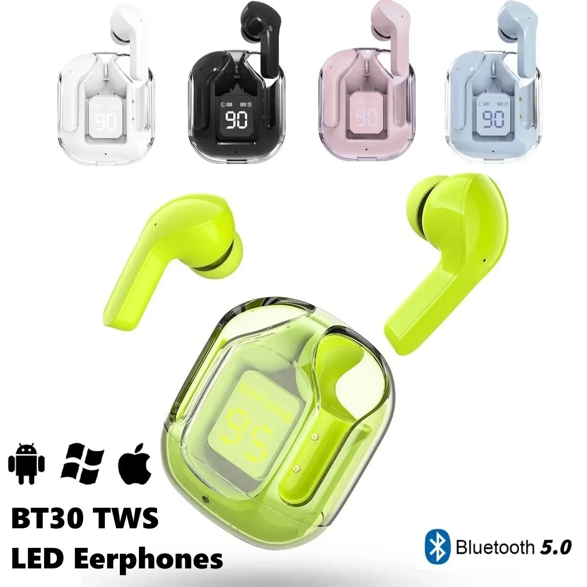 MINISO Wireless Bluetooth Headset Transparent ENC Headphones LED Power Digital Display Stereo Sound air31Earphones for Sports