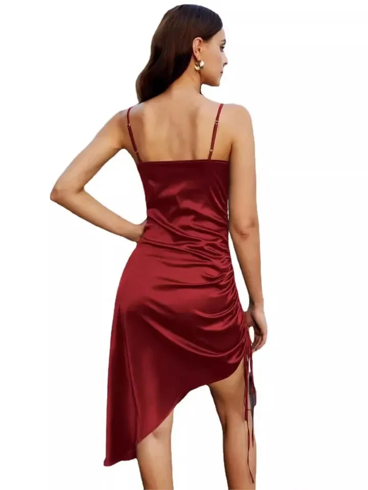 드로스트링 불규칙 숏 드레스 여성 여름 신상 패션 컬러 끈 새틴 스윙 섹시 슬리브리스 서스펜더 드레스