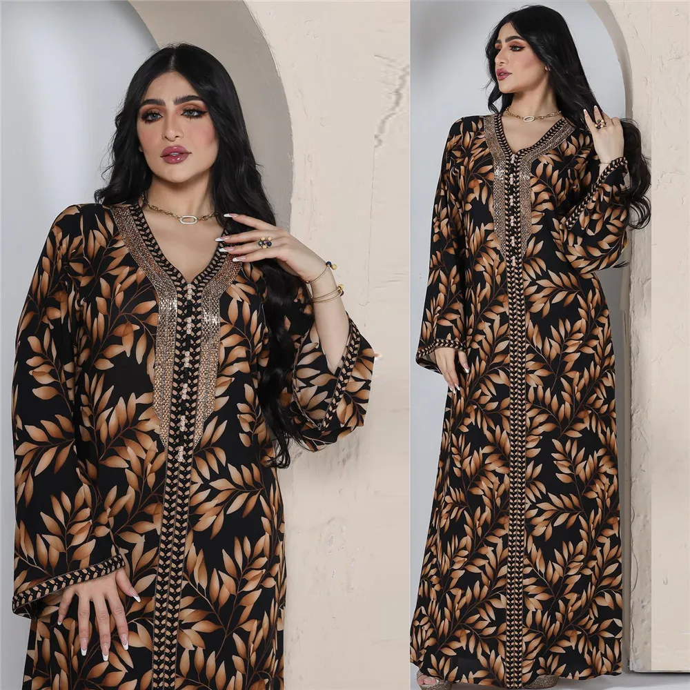 

Diamonds Abaya Dubai Jalabiya Leaf Print Women Arabic Dress Arabian Evening Party Kaftan Islamic Clothes Muslim Moroccan Caftan