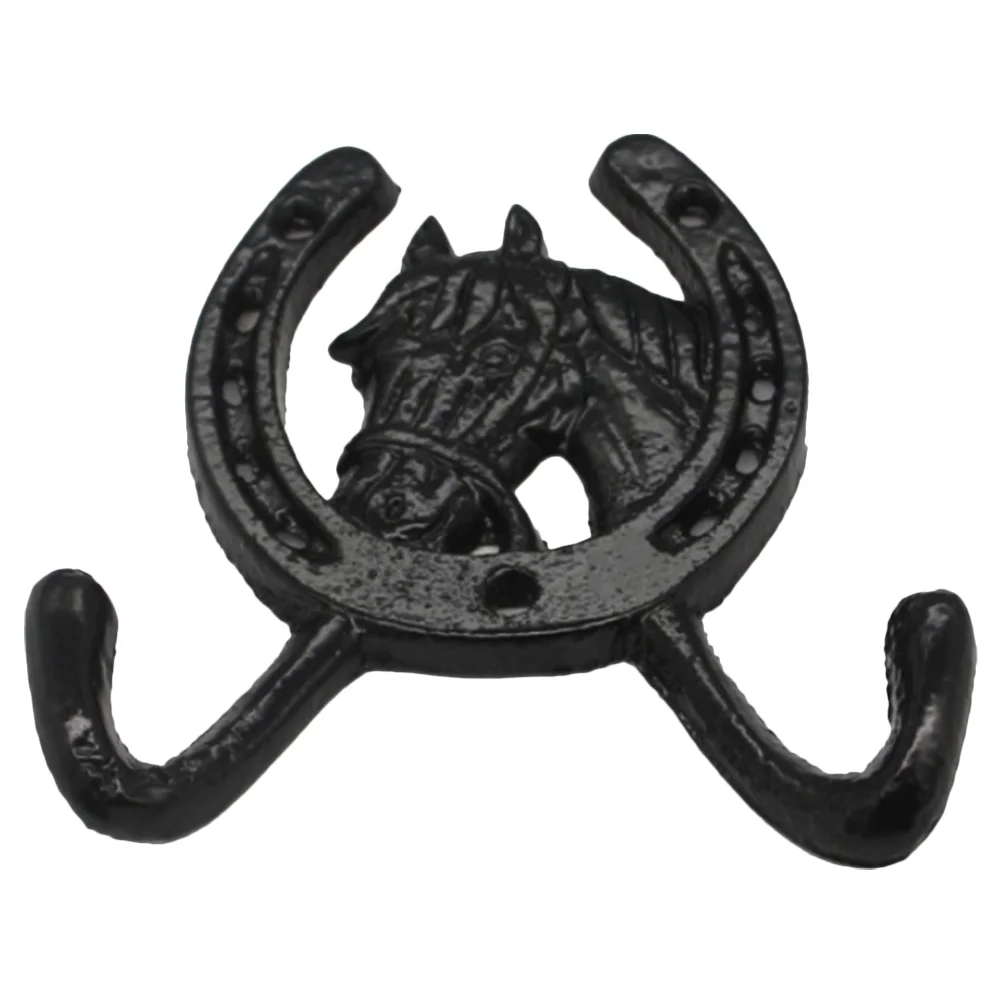 European Style Creative Horse Head Horseshoe Double Hook Wall Cast Iron Black Elegant Kitchen Hanging Hooks Key Towel