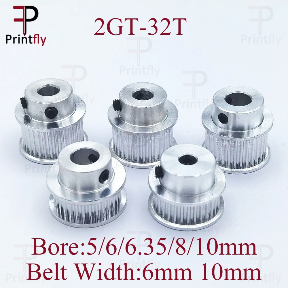 Printfly 2GT 32 2GT 타이밍 풀리 보어 5/6/6.35/8/10mm GT2 오픈 동기 벨트 폭 6mm/10mm 3D 프린터