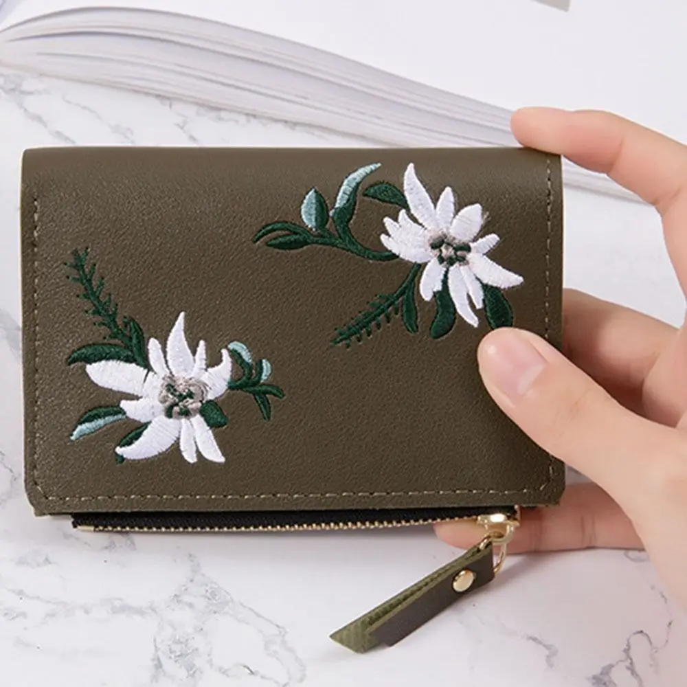 PU Embroidered Wallet Multiple Card Slots Ample Cash Storage Small Purse Coin Pocket Korean Coin Purse Young Adults