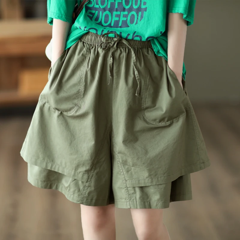 

Oversized retro casual shorts with elastic waistband, slimming wide leg pants, solid color pants, and cropped pants for women