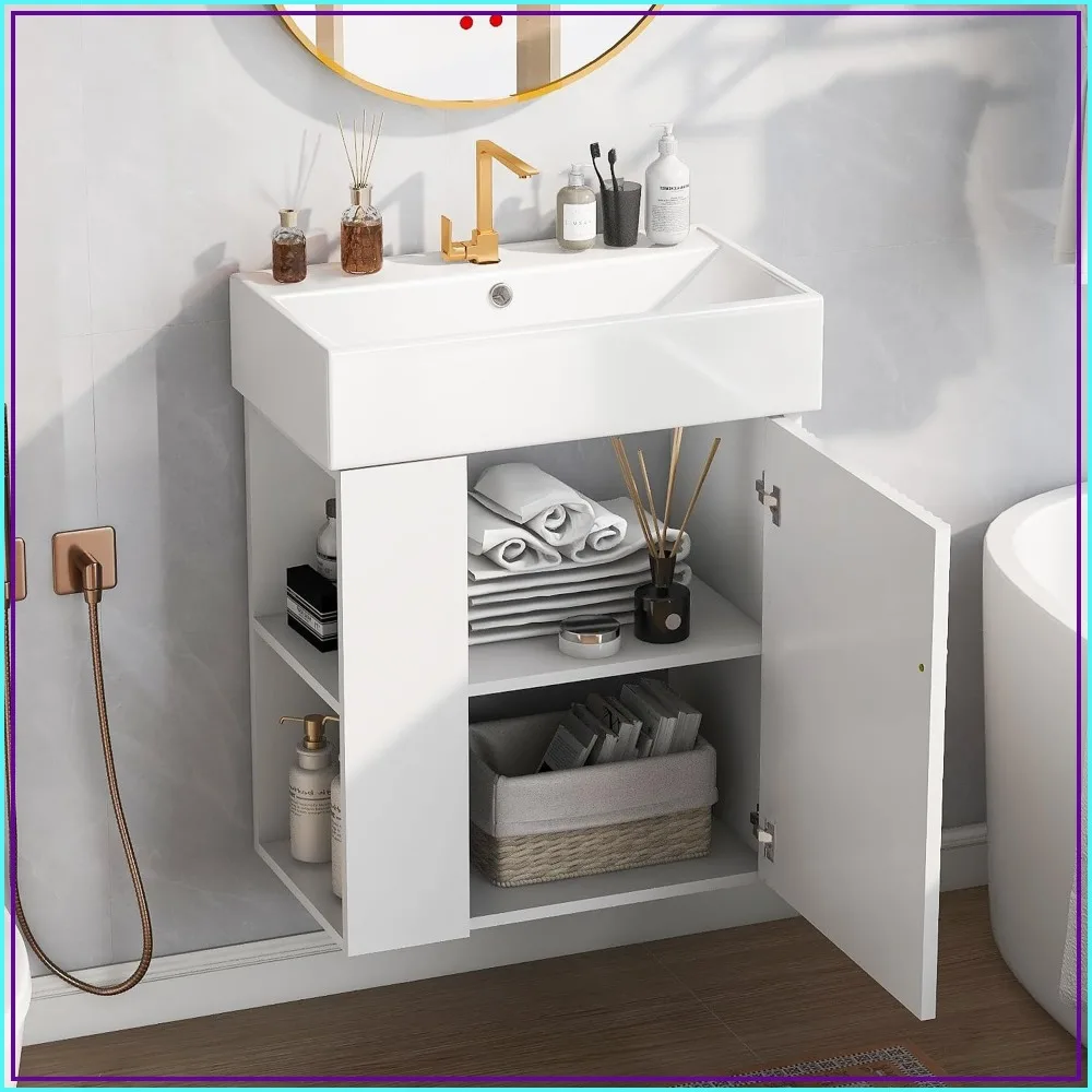 Wall Mounted Bathroom Vanity with Ceramic Sink, White Floating Storage Cabinet with Doors and Shelf