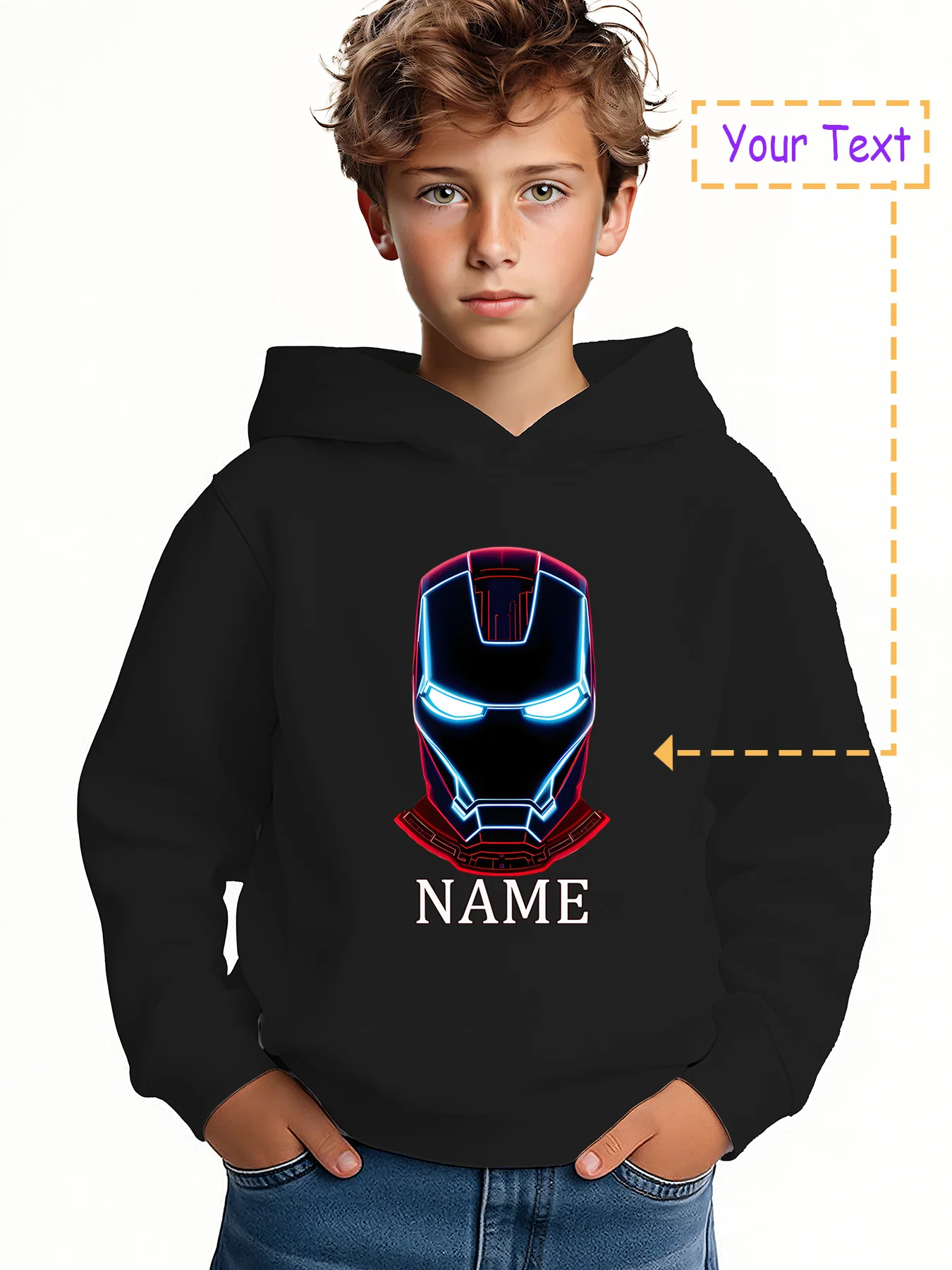 

MINISO Iron Man Neon Helmet Hoodie - Iron Man glowing helmet print, technological fashion style, suitable for school and street