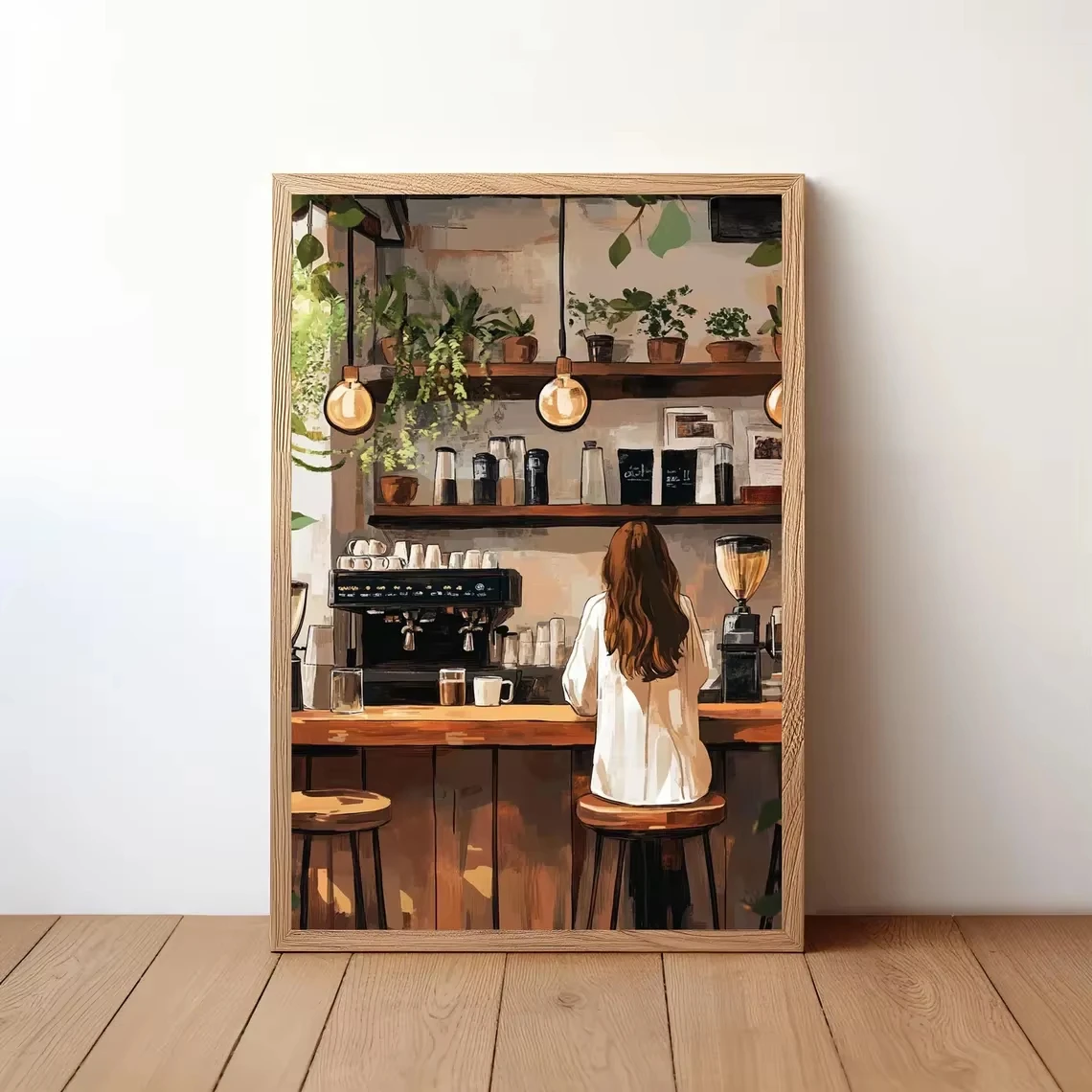 Oil Painting By Numbers Cozy Coffee Shop Interior Woman At Cafe Bar Green Plants Handpainted Canvas Wall Decor unframed