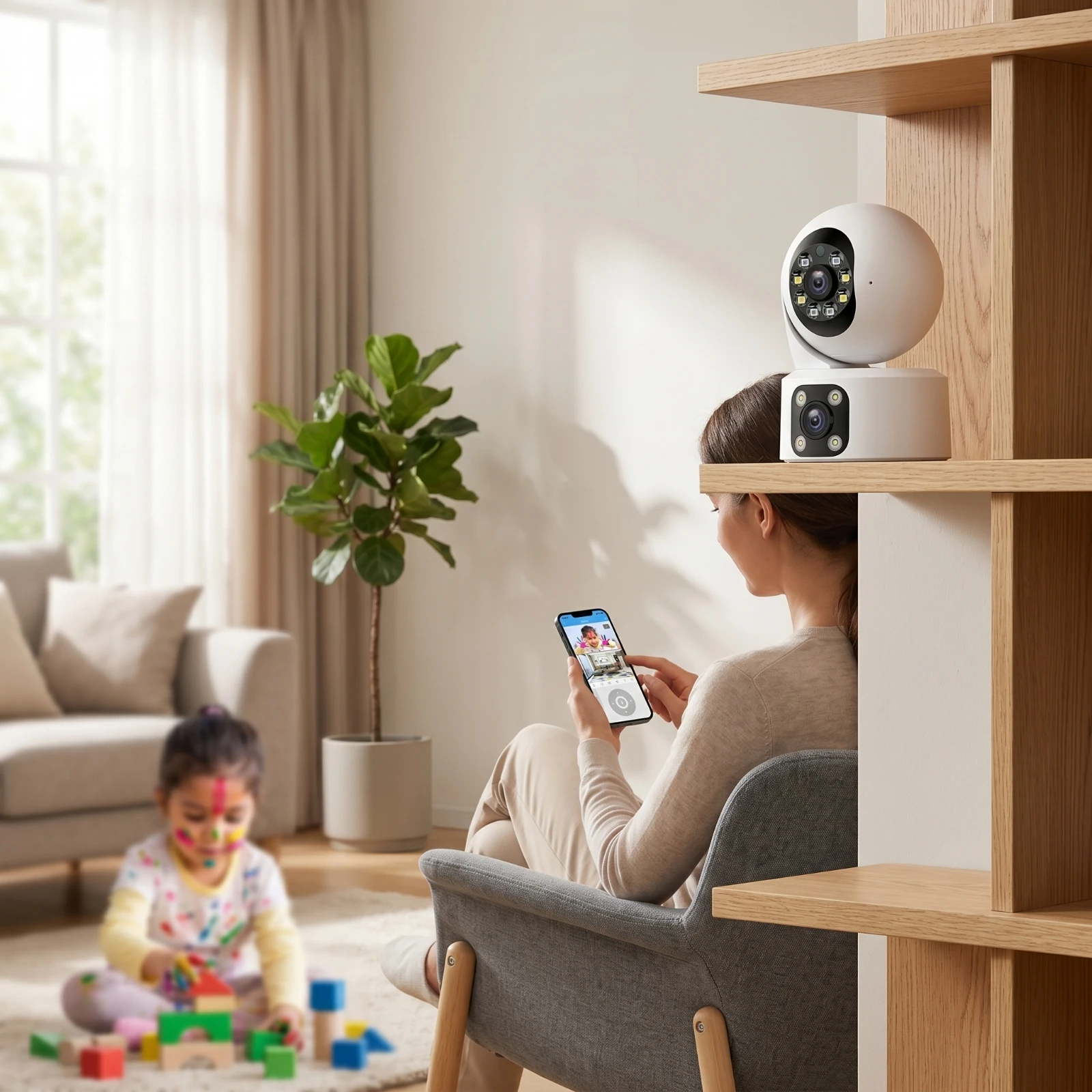 Wi-Fi Camera with Wall Mount Indoor Security Camera with Dual Lens Two-Way Audio for Homeowners, Baby Monitoring