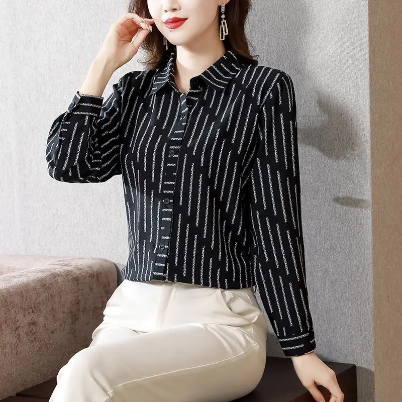 Women\'s Spring and Autumn Fashion Commuter Polo Neck Striped Button Casual Versatile Long Sleeved Loose Chiffon Shirt Tops