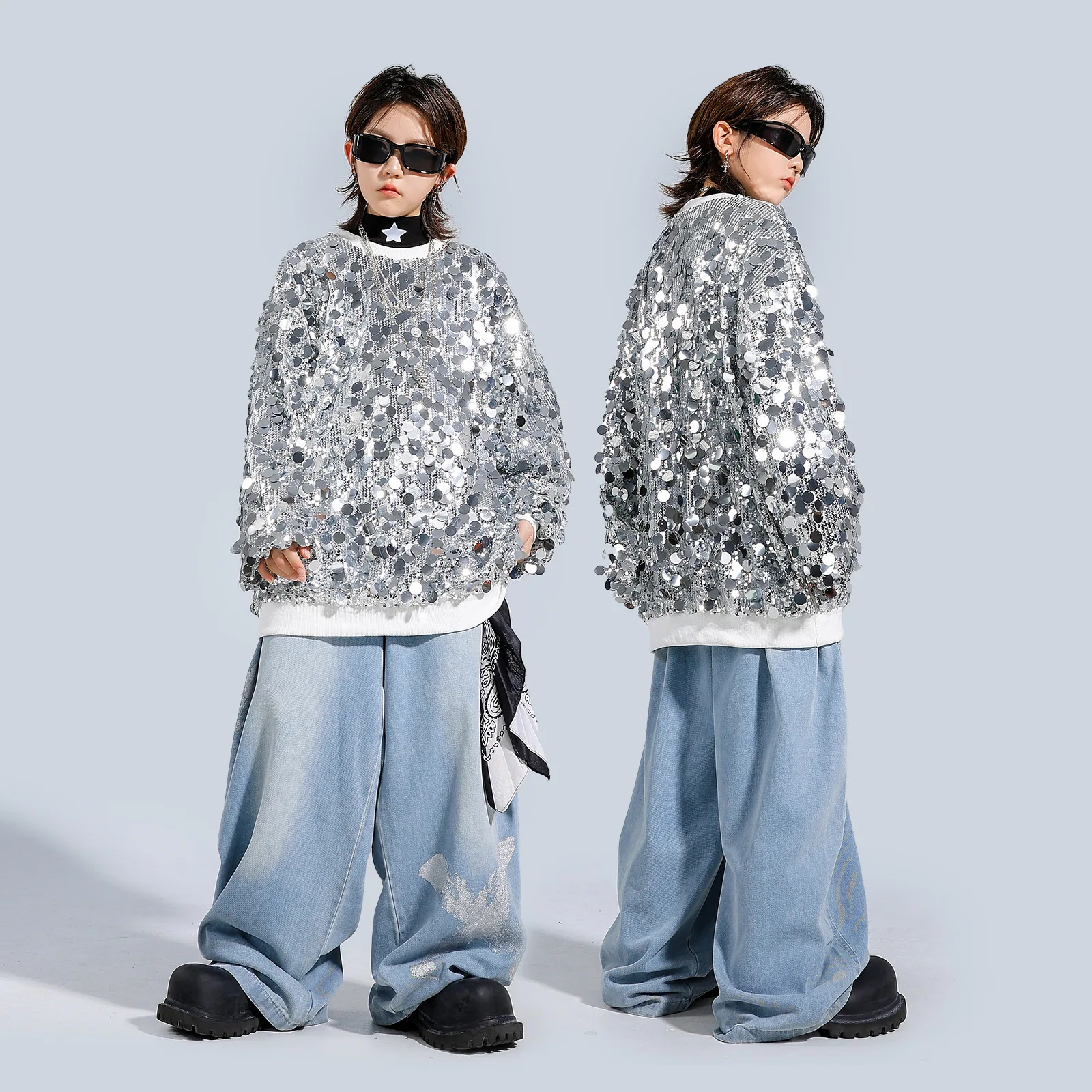 Children's Dance Costumes Boys Girls Streetwear Hip Hop Sequined Sweatshirt Cargo Baggy Pant Sets Performance Stage Clothes