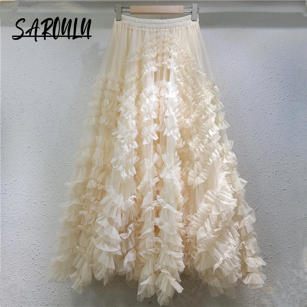 Ruffled Tulle Maxi Skirt Elastic High Waist Layered Mesh Fairy Cake Skirts Elegant Romantic Casual Party Prom Gown For Women