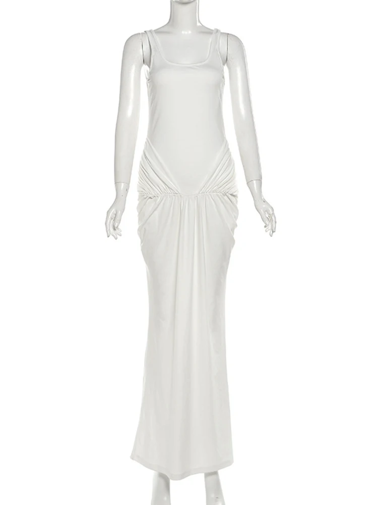 Oniflyme-Vestido largo liso sin mangas para mujer, vestido elegante con cuello en U y Espalda descubierta, vestidos ceñidos fruncidos drapeados, ropa de fiesta de noche Sexy