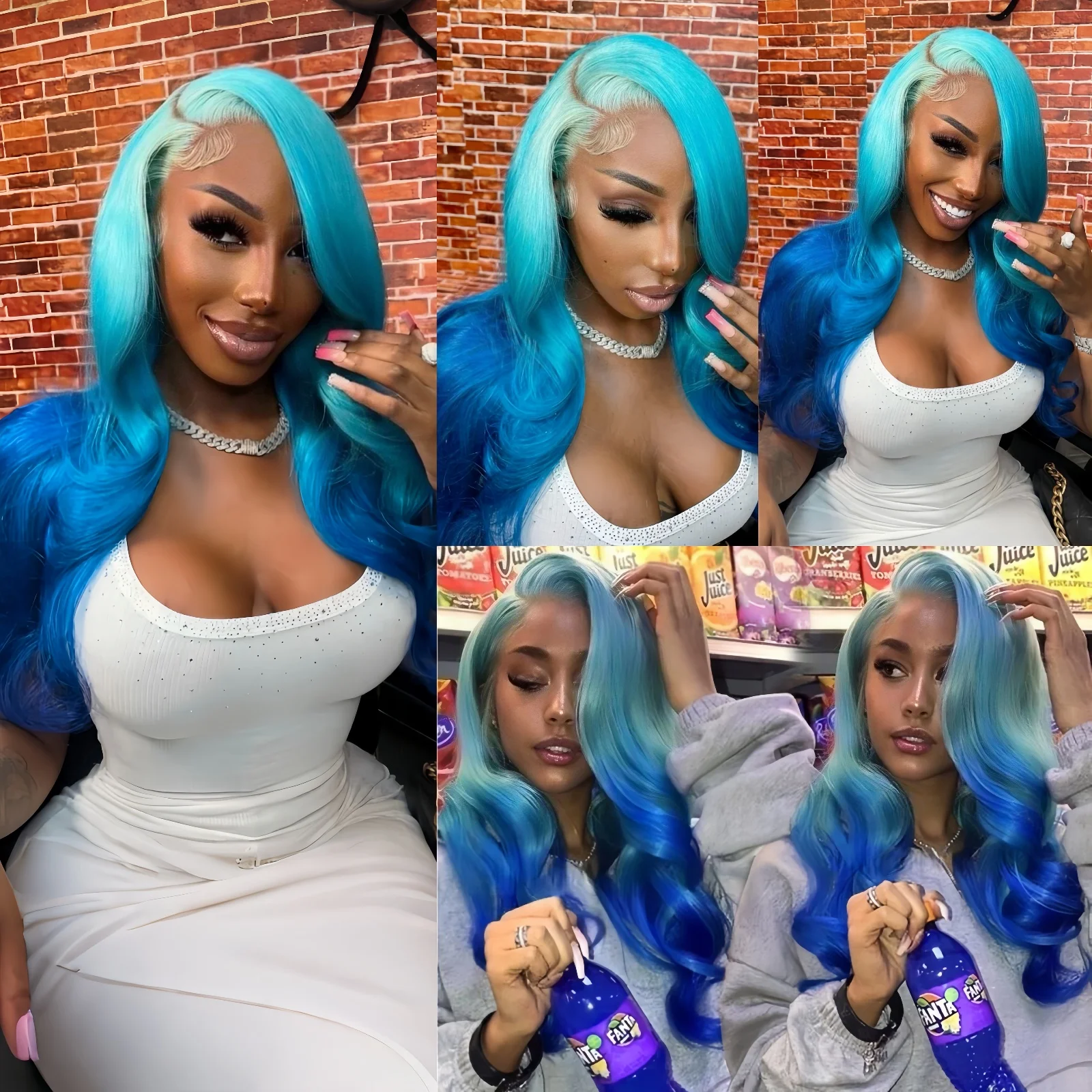 طويل الجسم موجة أومبير الأزرق شعر مستعار الاصطناعية قبل قطعها شعري أزرق فاتح مجعد متموج تسليط الضوء على التدرج الملونة الباروكات للنساء #3