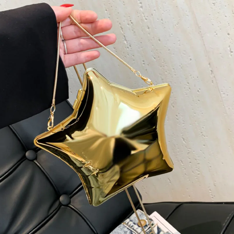 

Five-Pointed Star Dinner Bag 2024 New Glossy Shoulder Bag Casual Fashion Niche Design Gold and Silver Chain Fun Party Bag