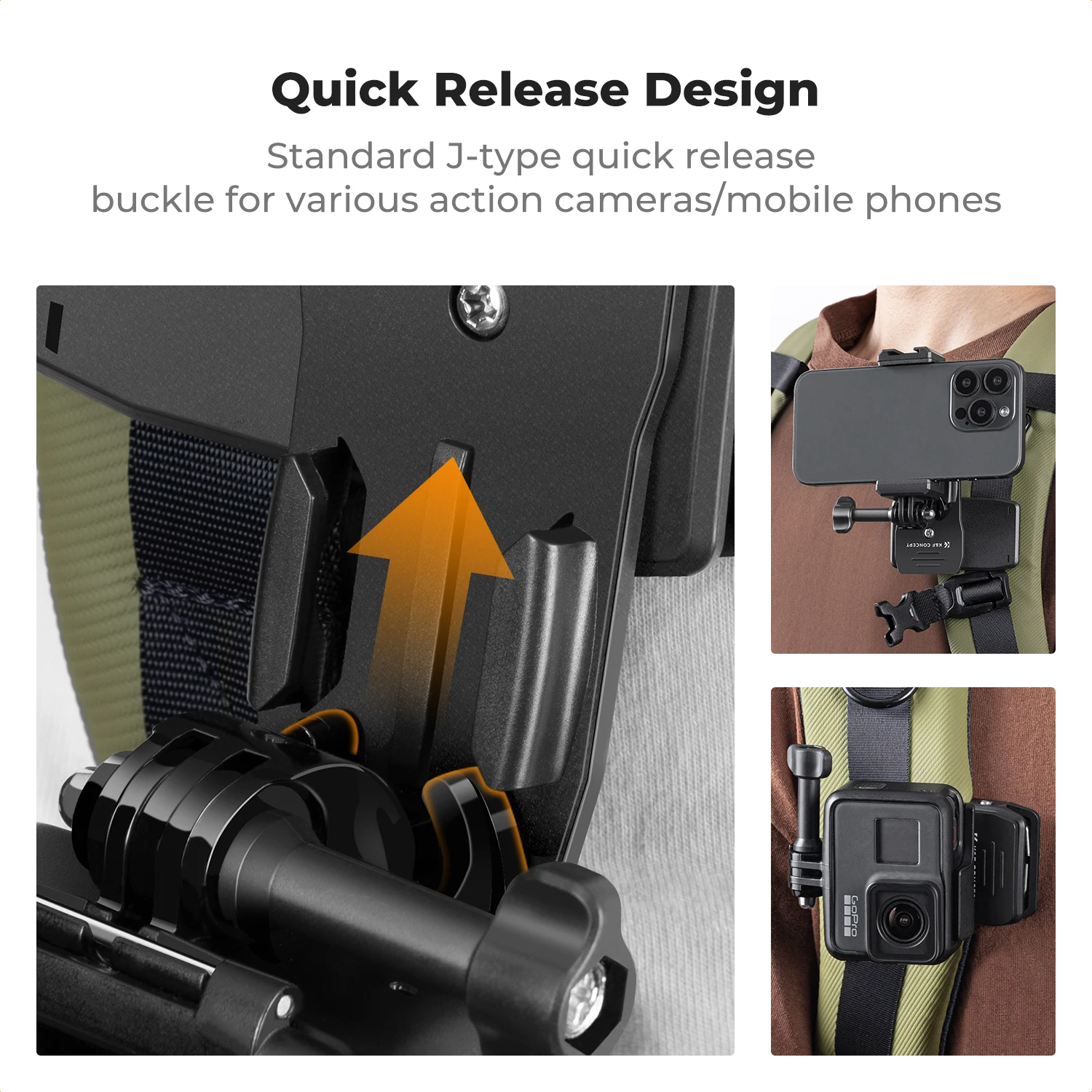 K&F Concept 360° Rotation Backpack Strap Quick Clip Mount for Hero 13/12/11/10/9/8/7/6/5/4 Black DJI Osmo Action 5 Pro/4 Camera