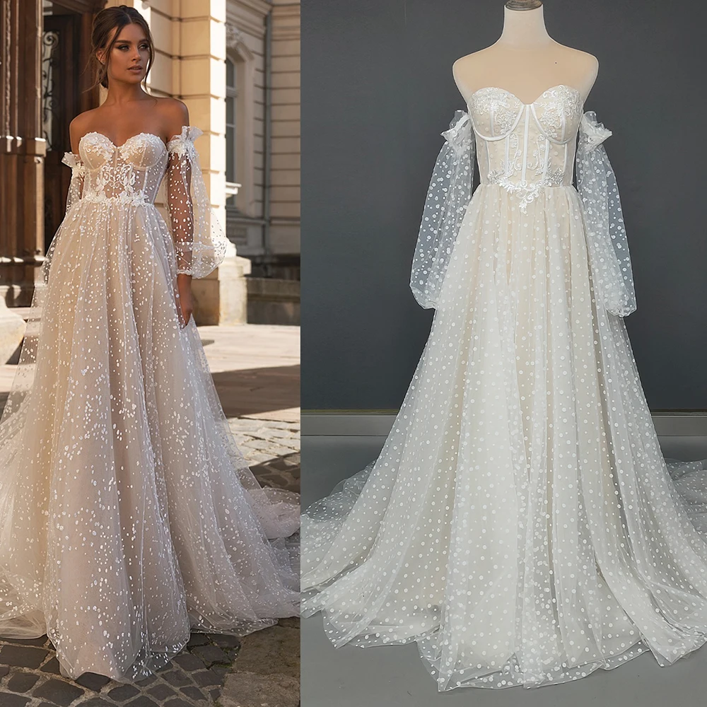 Sweetheart Long Puff Sleeves Bridal Gown Off The Shoulder Customized Drop Ship Princess Dotted Tulle Appliqued Wedding Dress