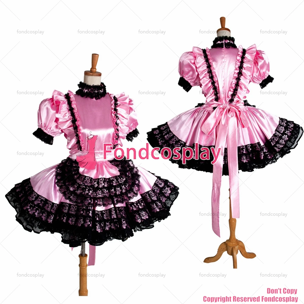 fondcosplay adult sexy cross dressing sissy maid short Pink Satin Dress Lockable Uniform black lace Costume CD/TV[G1402]