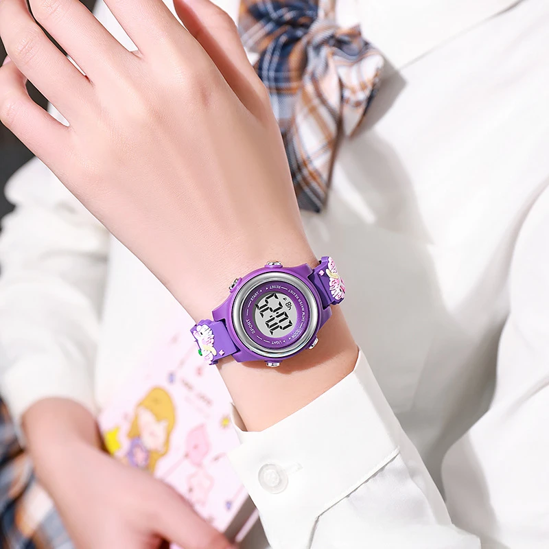 다기능 전자 시계, 화려한 야간 조명 실리콘 어린이 스포츠 시계, 알람 시계, 만화 유니콘 디자인