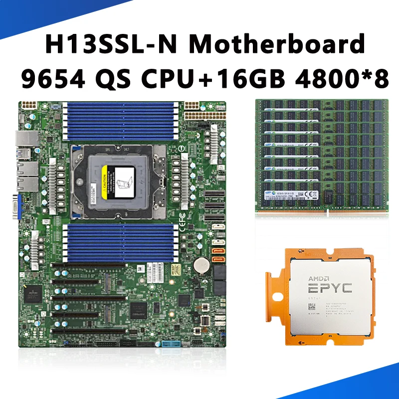 FOR H13SSL-N Motherboard and 1PCS EPYC 9654 QS 96C/172T 2.15-3.5Ghz 360W Processor and 8pcs 16G DDR5-4800mhz RAM Memory