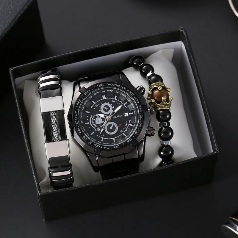 

3 шт., деловые модные часы с тремя глазами, смешанная шкала, циферблат, кварцевый стальной ремешок + набор браслетов из бисера