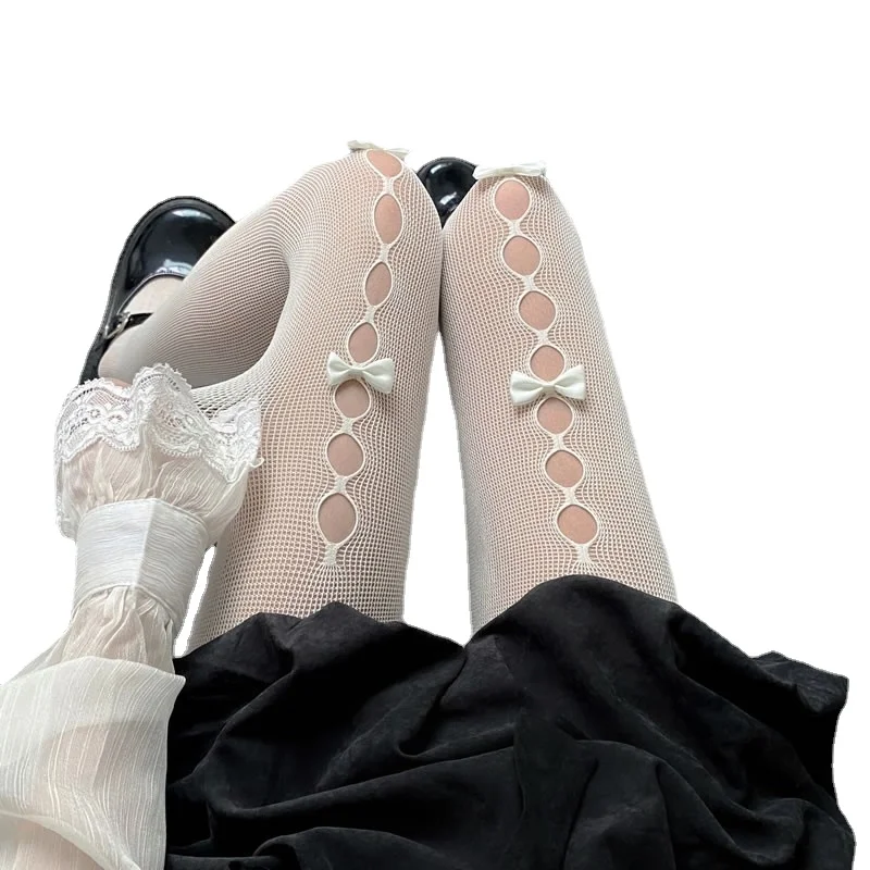 Medias japonesas dulces de Lolita para mujer, pantimedias con lazo blanco Kawaii, medias de rejilla sexis negras estilo JK para mujer, calcetines hasta el muslo