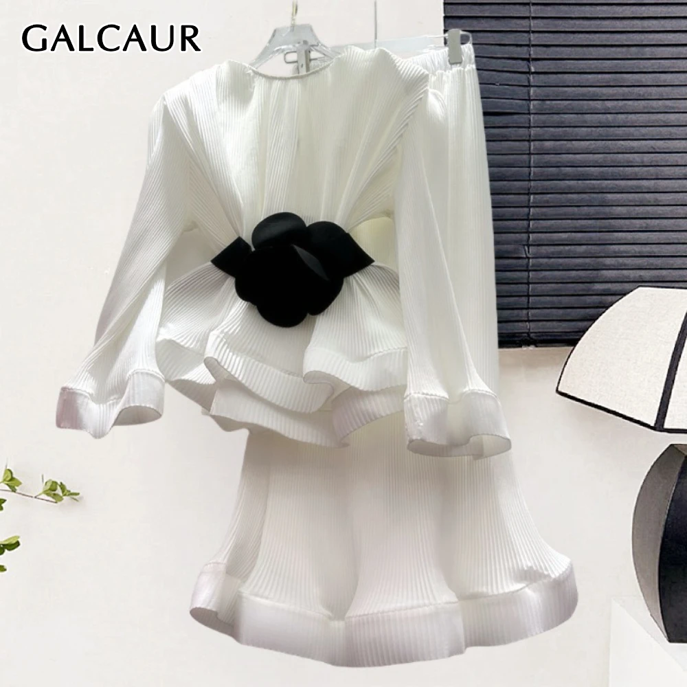 

GALCAUR Solid Spliced 3D Flower Two Piece Set Female O Neck Long Sleeve Shirt High Waist Casual Women's Skirt Sets Autumn Style