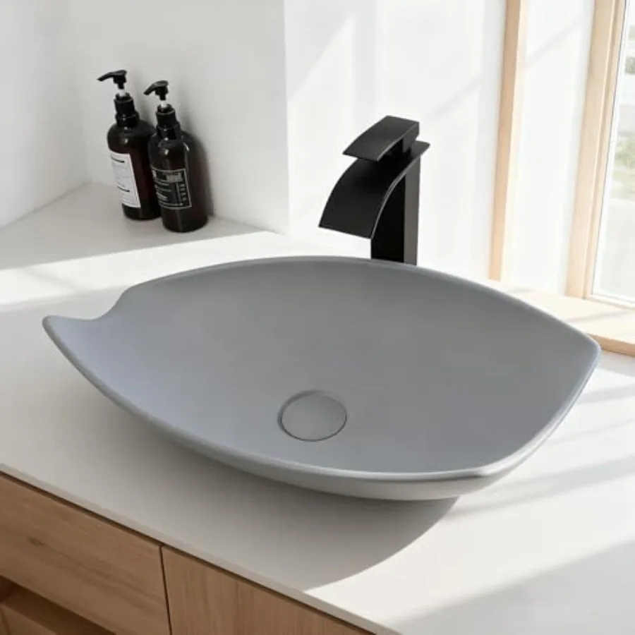 

Irregular Rectangular Bathroom Sink with Drain 22x14 Inch Gray Stone Resin Vessel Sinks Above Counter Basin Bowl for Modern Bat