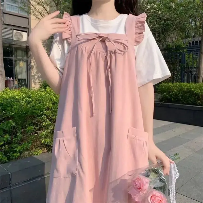 Robe japonaise d'été pour femmes, robe à bretelles avec t-shirt, décontractée, Vintage, élégante, Style Preppy coréen, mi-longue, nouvelle collection 2022