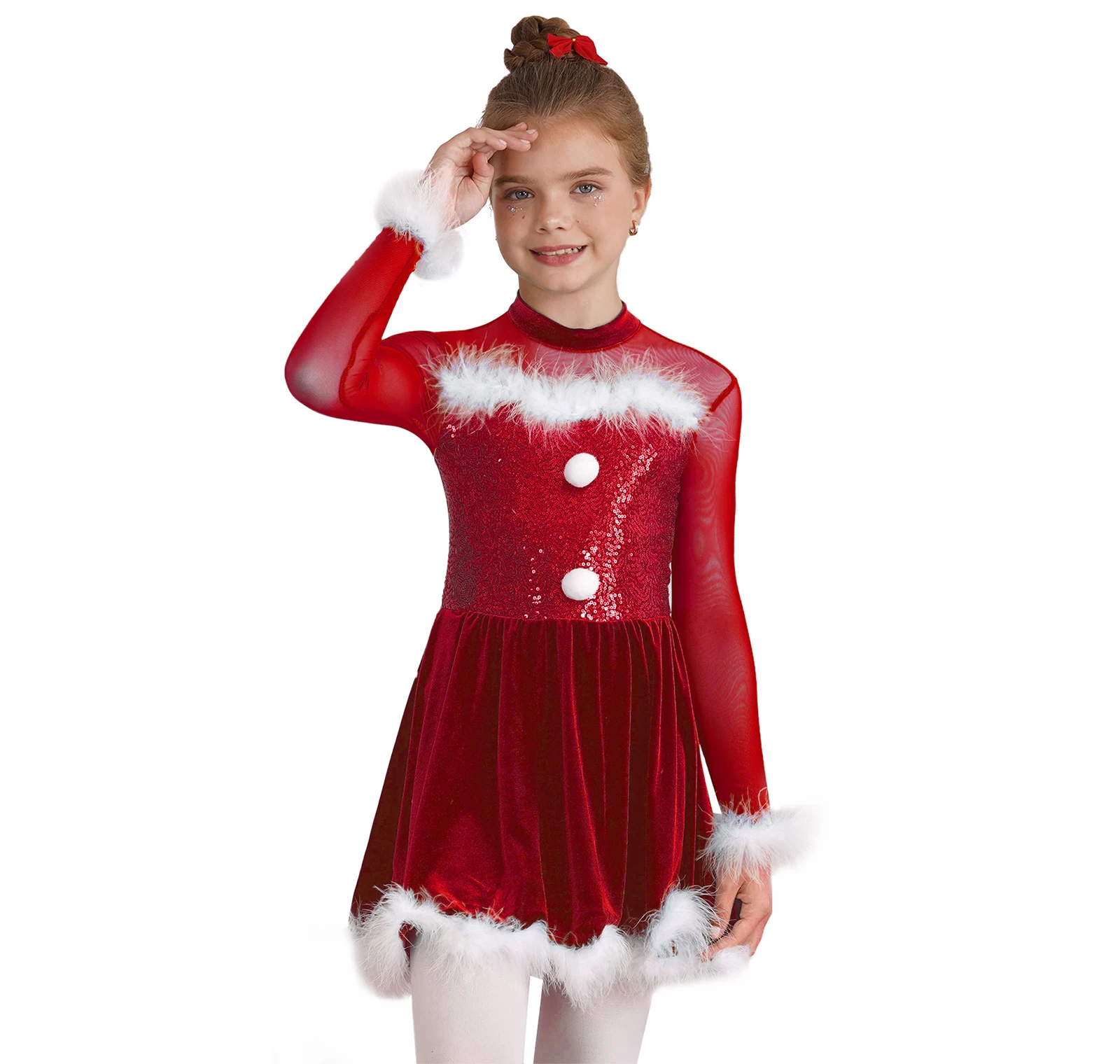 

Kids Girls Velvet Christmas Dress Shiny Sequins Long Sleeve Fluffy Feather Jumpsuit Dresses for Carnival Party Dance Performance