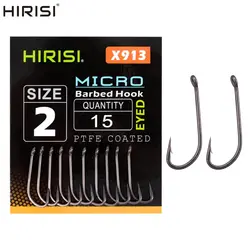 Hirisi 15pcs PTFE Coated High Carbon Steel Fish Hook Micro Barbed With Eye Long Shank X913 Carp Fishing Accessories